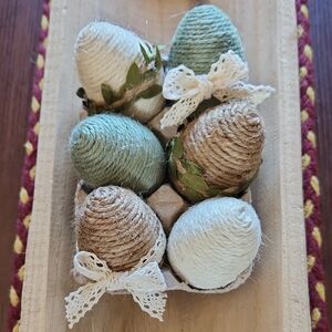 Handmade Sage Green and Cream Twine Wrapped Eggs with Decorative Accents